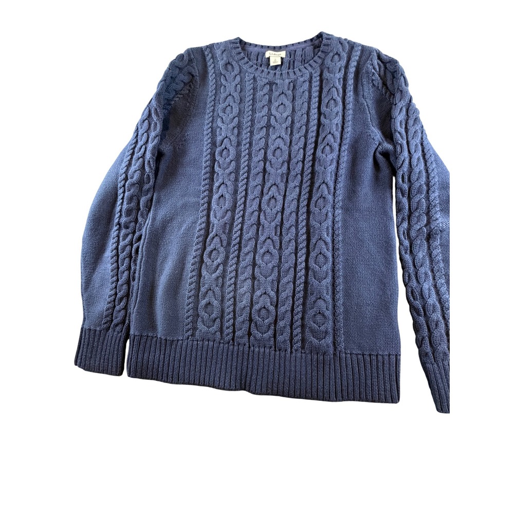 LL Bean Womens Small Blue Cable Knit Crew Neck Sweater Long Sleeve Cotton Blend